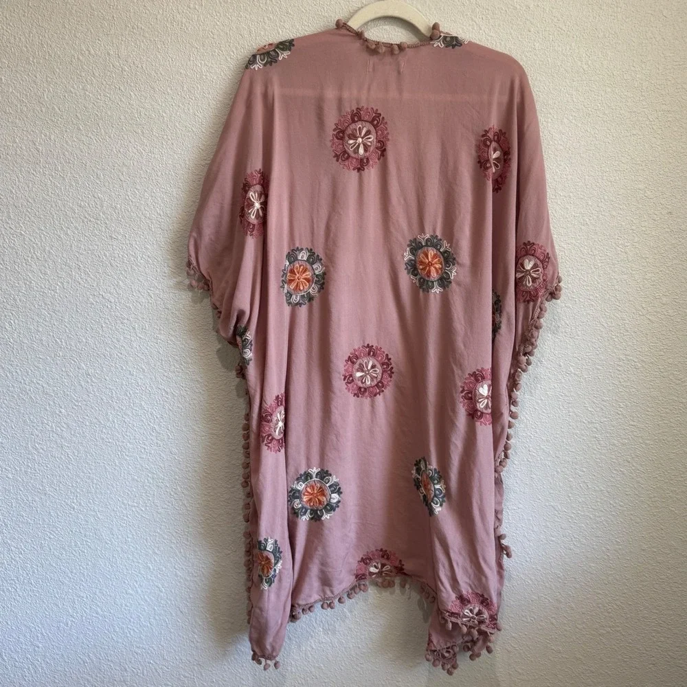 Coldwater Creek Womens Embroidered Mandala Pom Pom Kimono Wrap Cardigan One Size
